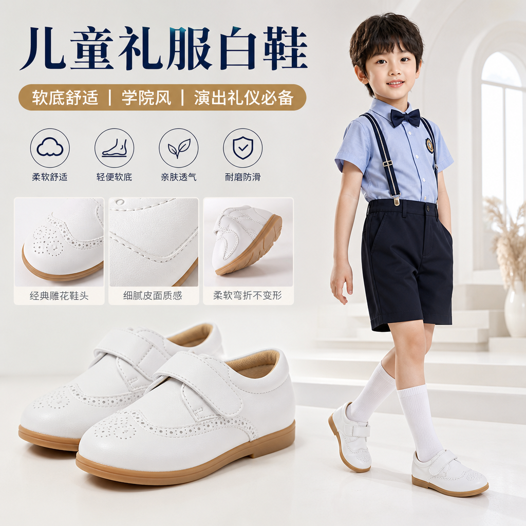 儿童皮鞋男生学院软底休闲礼仪演出模特T台走秀中小学生礼服白鞋