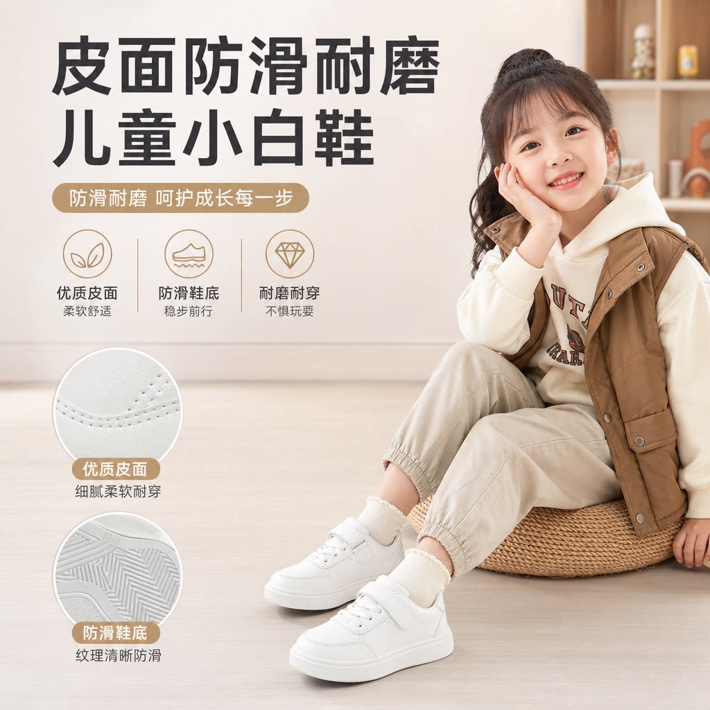 皮面儿童小白鞋女童板鞋 冬季童鞋男童白色防滑耐磨运动鞋