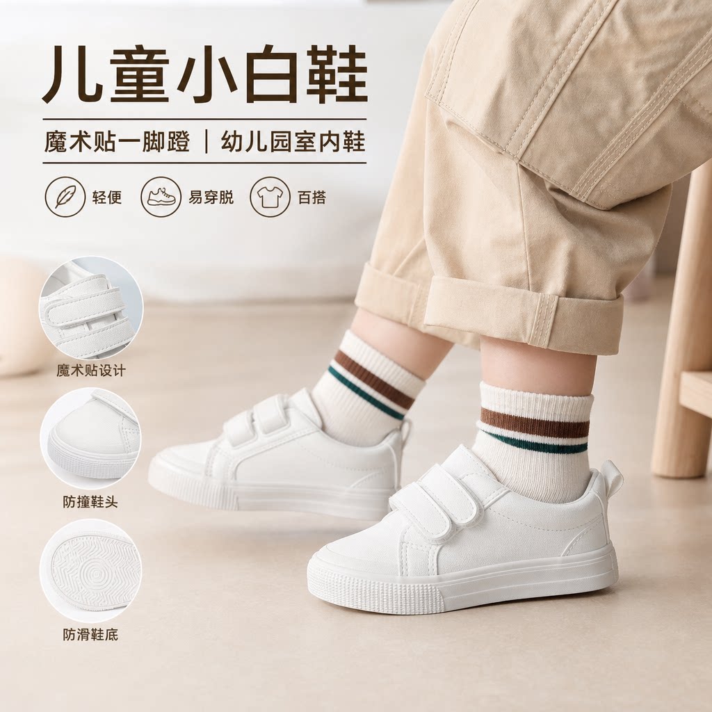 儿童帆布鞋板鞋小白鞋男童女童鞋子幼儿园室内鞋魔术贴一脚蹬白鞋
