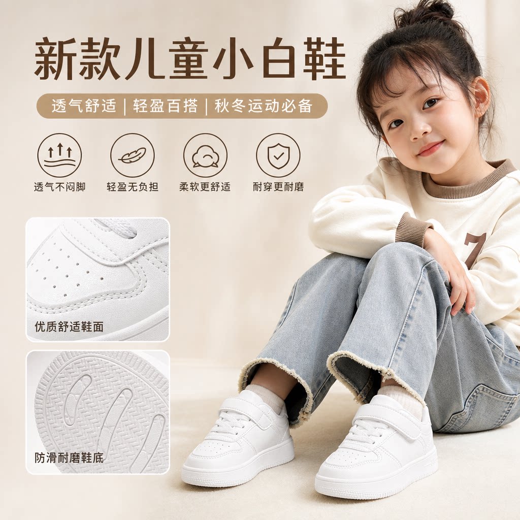 私新款儿童小白鞋女童鞋子3 6岁透气秋季冬季运动鞋男童鞋网