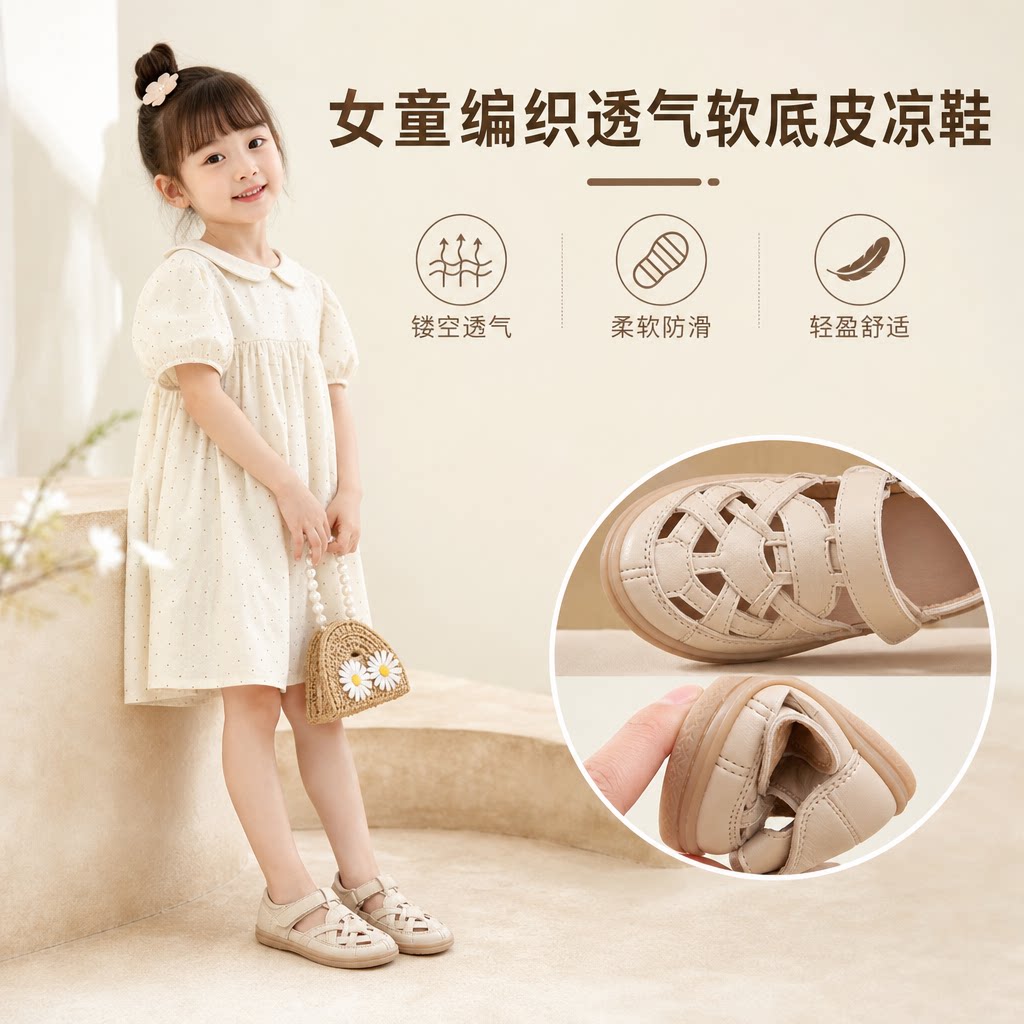 女童编织小皮鞋宝宝镂空透气小女孩休闲鞋软底皮凉鞋跨境爆款童鞋
