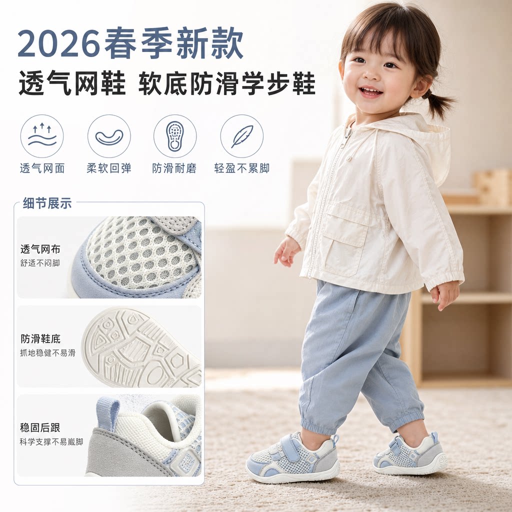 2026春季新款男童鞋子透气网鞋女宝宝软底防滑学步鞋女童鞋稳步鞋