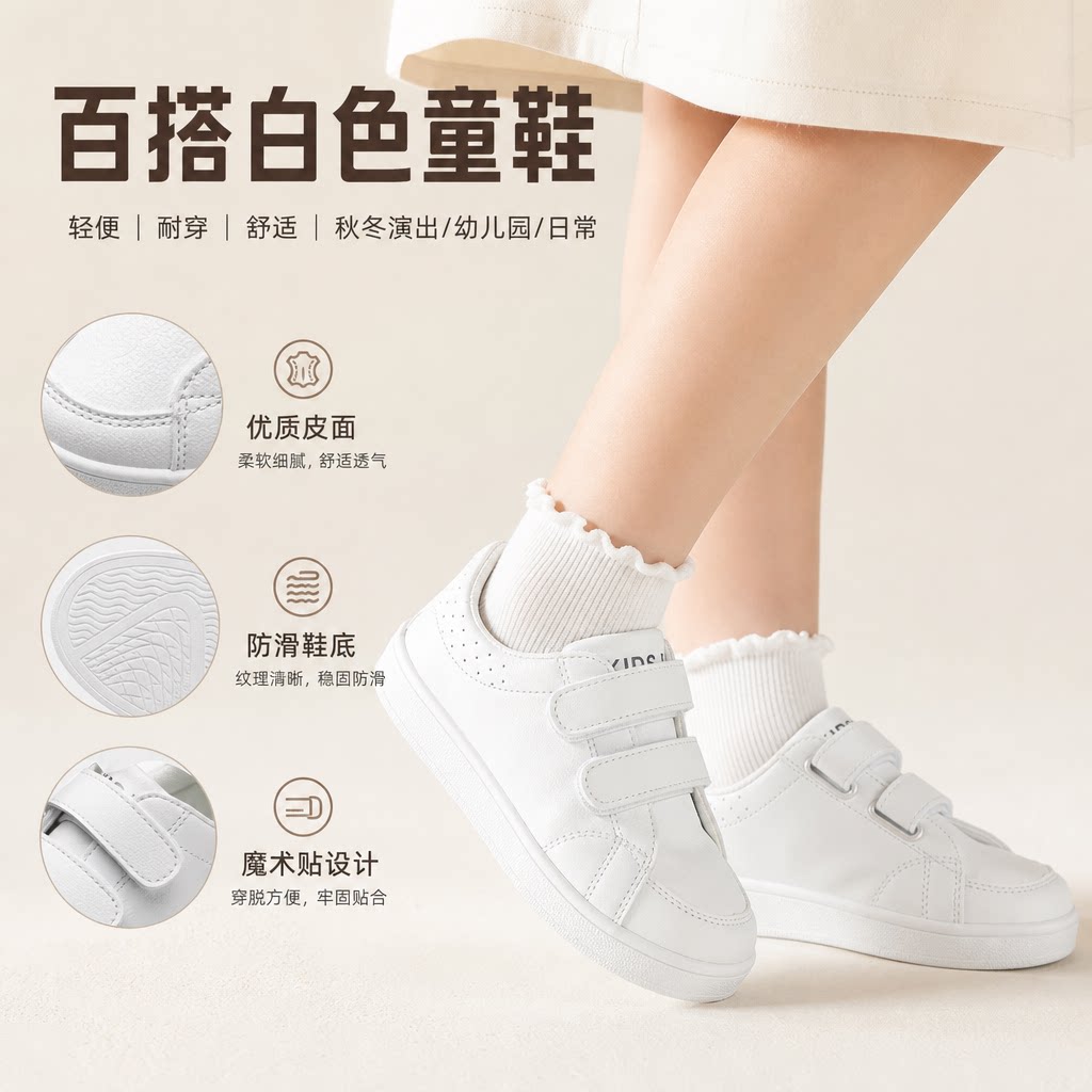 男童小白鞋皮面女童白色运动鞋小童秋冬幼儿园演出中大童儿童白鞋