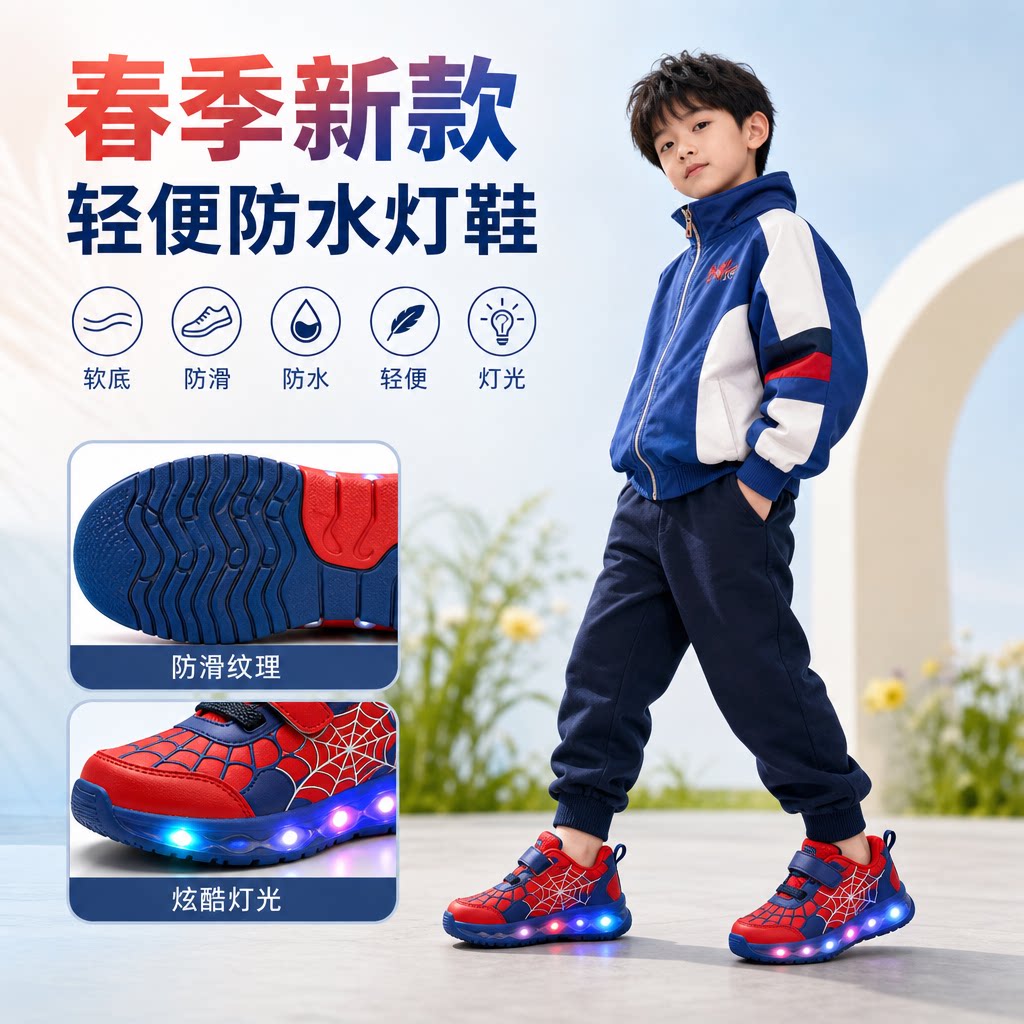 春季新款童鞋蜘蛛侠灯鞋软底轻便男童运动皮面防水童鞋防滑潮