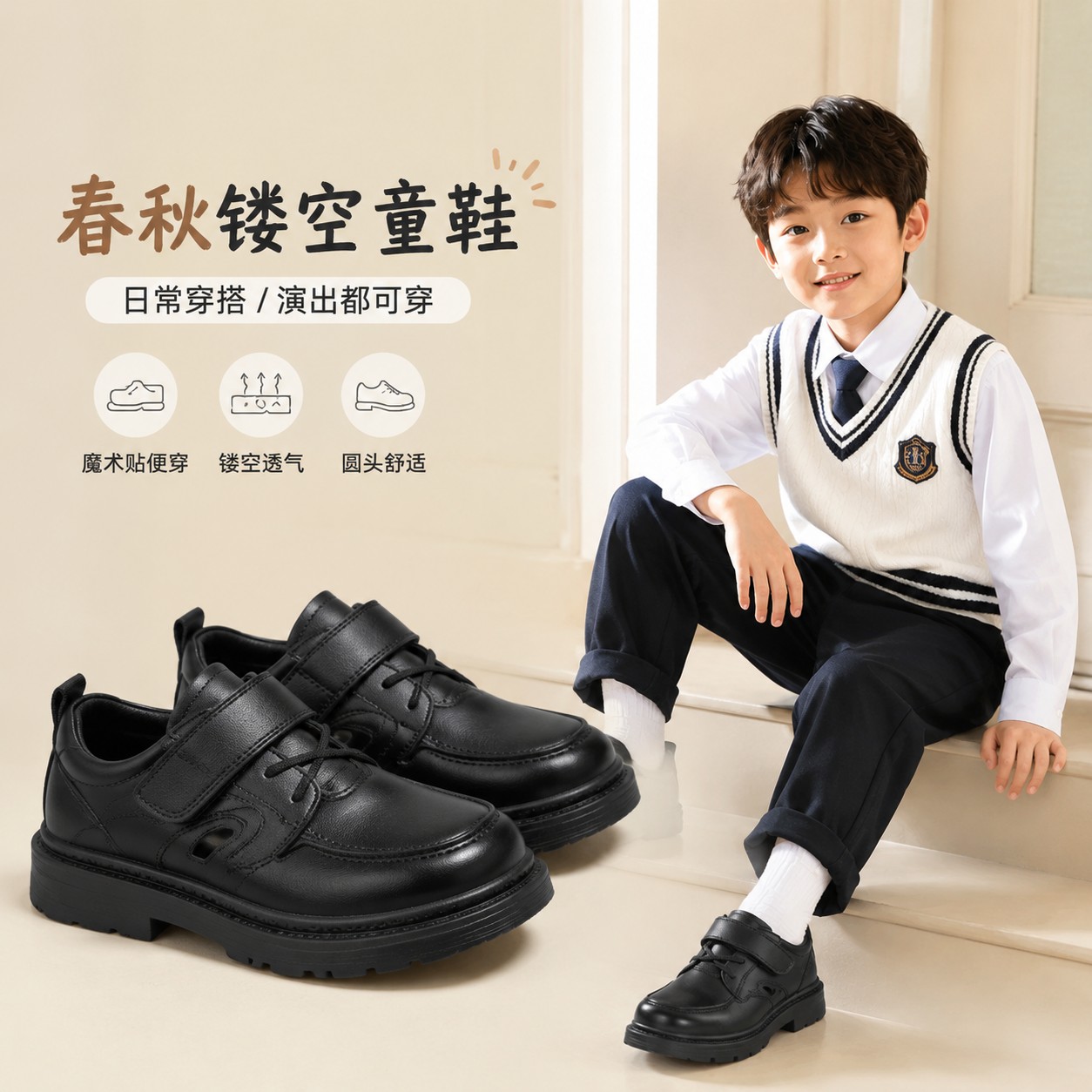男童春秋魔术贴镂空圆头人造革皮鞋中大童演出日常休闲鞋穿搭学生