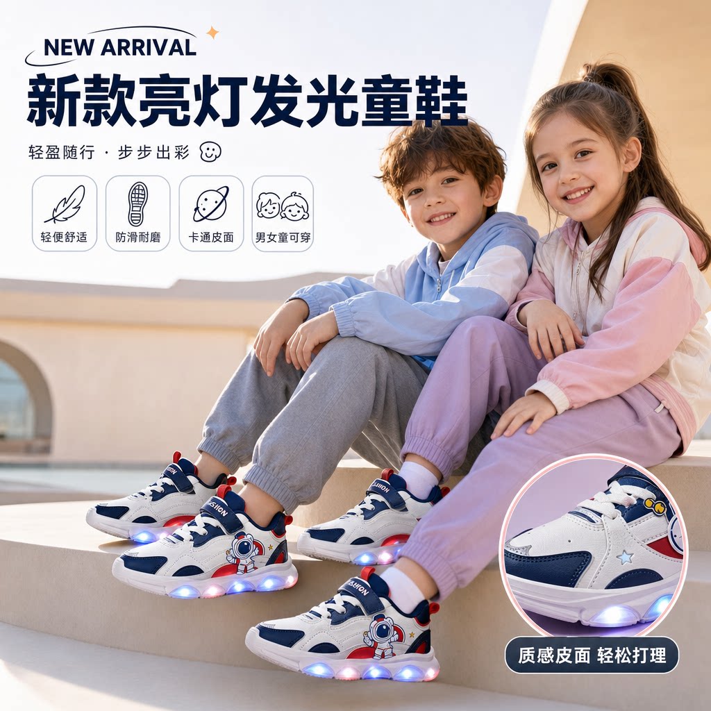 外贸儿童运动带灯鞋中小童新款亮灯发光童鞋男女童皮面卡通运动鞋