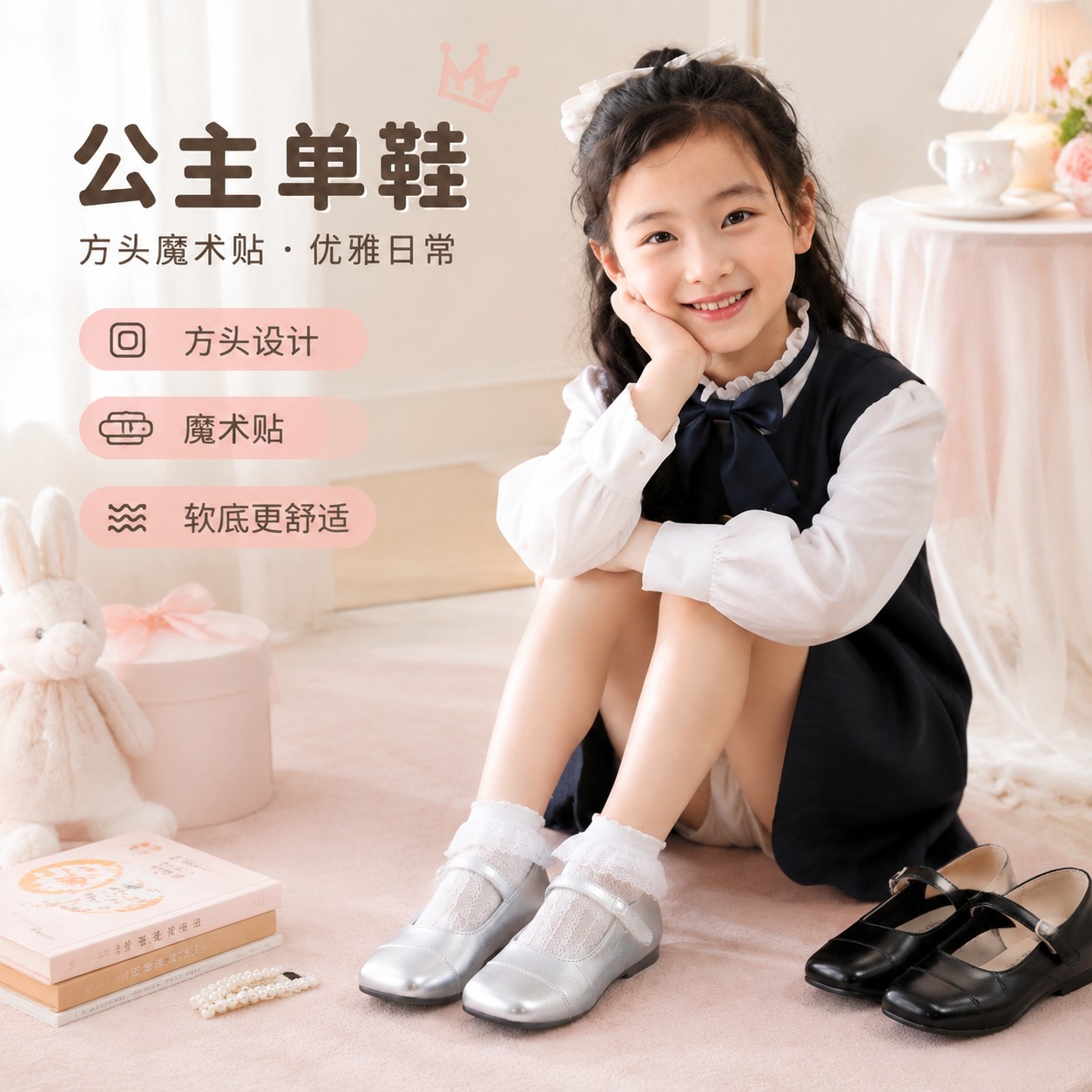 女童方头魔术贴单鞋超纤皮公主风银色黑色日常演出童鞋