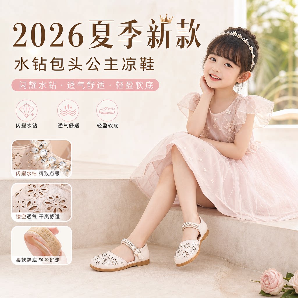 水钻儿童凉鞋2026年夏季新款小女孩包头公主鞋透气时尚6-12岁凉鞋