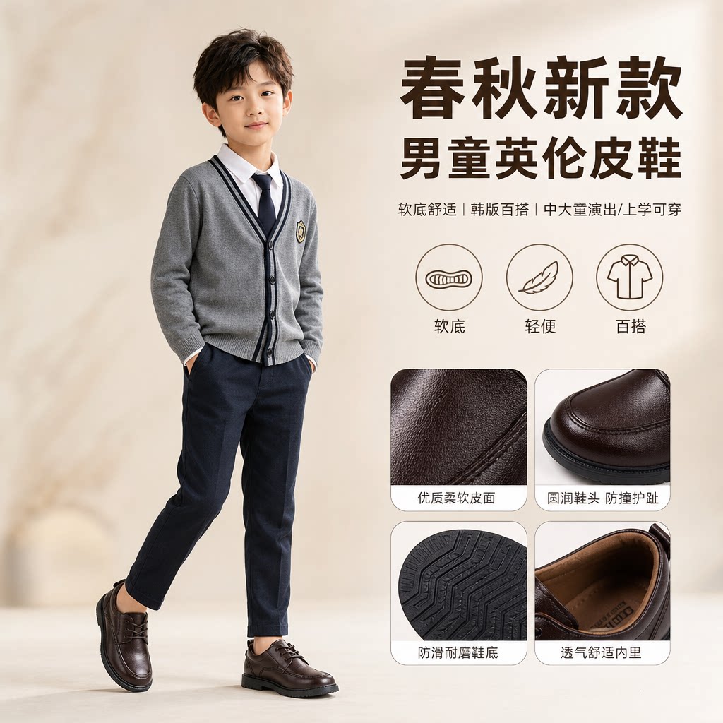 儿童鞋男童皮鞋春秋2026新款韩版男孩英伦风软底中大童学生演出鞋