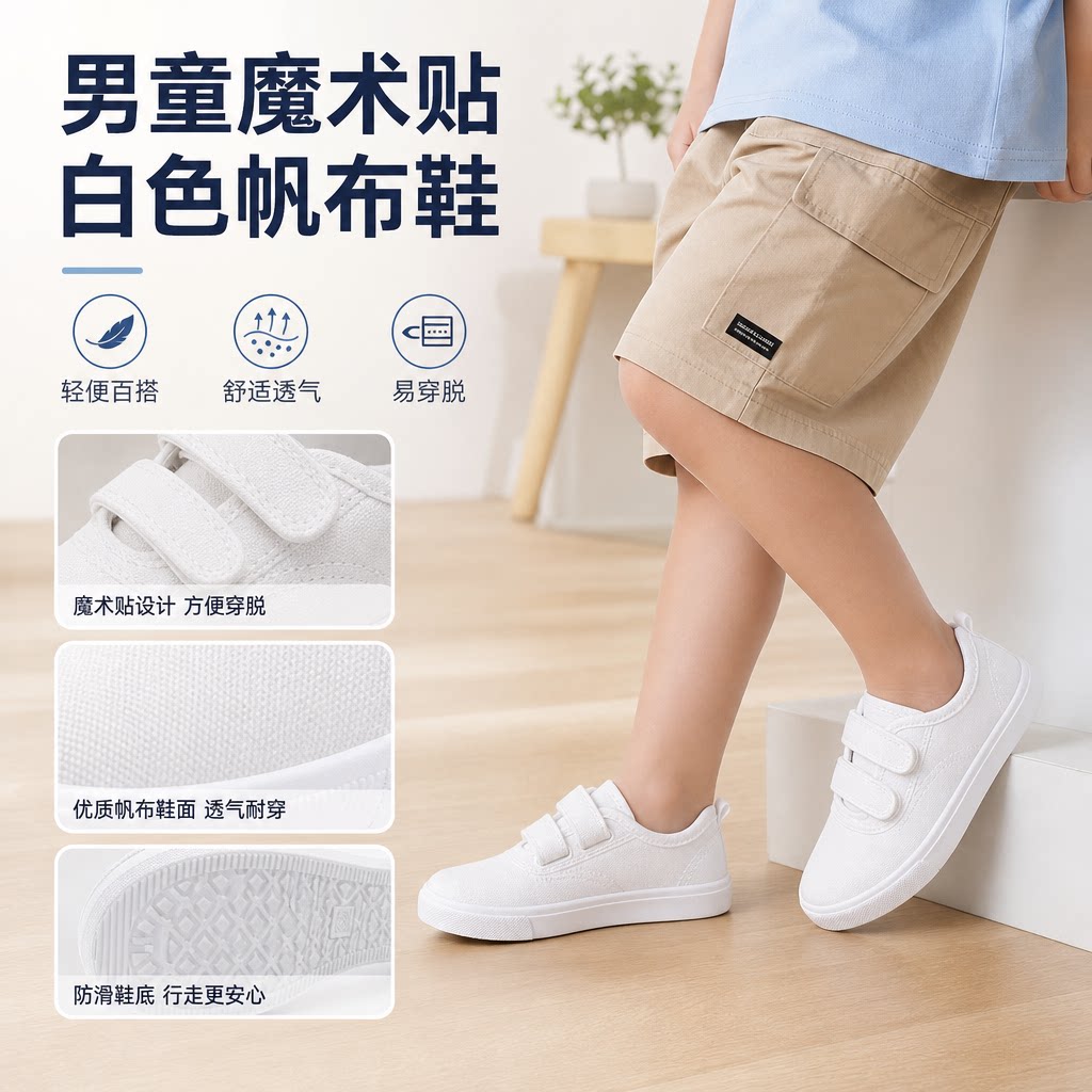 帆布鞋小白鞋男童运动鞋白布鞋室内小学生白色球鞋大童魔术贴设计