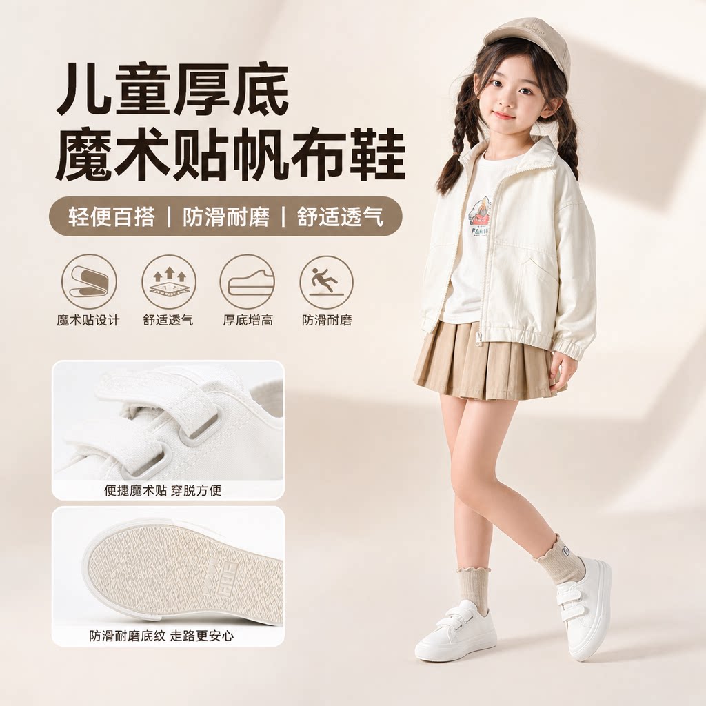 儿童厚底低帮帆布鞋魔术贴男女童板鞋春秋学生布鞋幼儿园小白鞋子