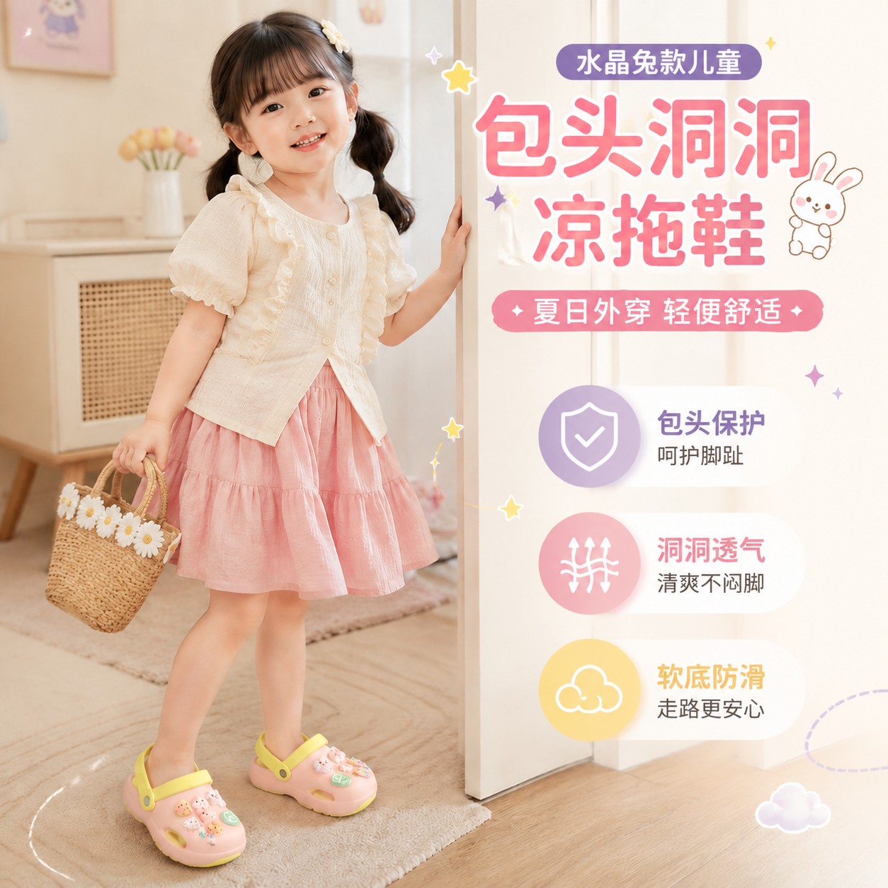 儿童女童包头洞洞凉拖鞋夏季卡通软底外穿休闲凉鞋水晶兔款居家外