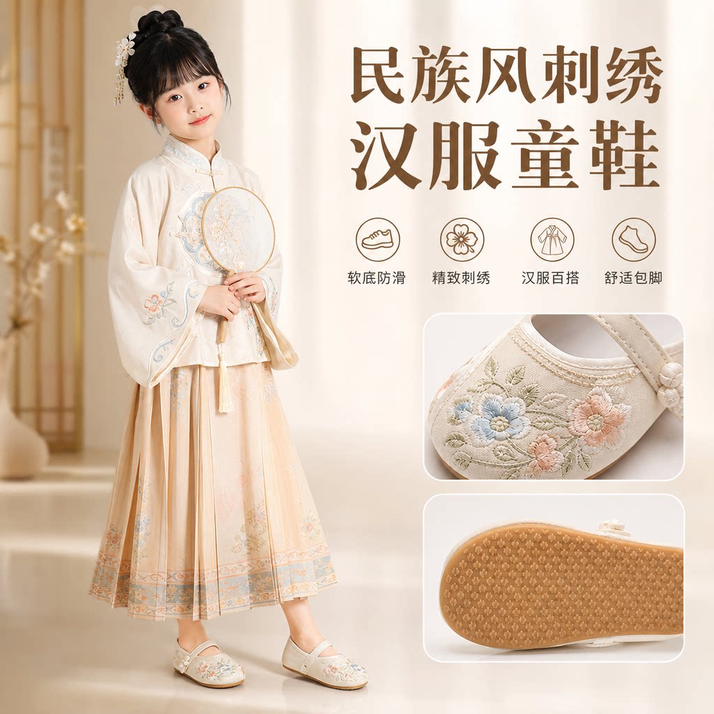 新款童鞋民族风传统刺绣鞋女童汉服鞋软底防滑儿童汉服皮鞋绣花鞋