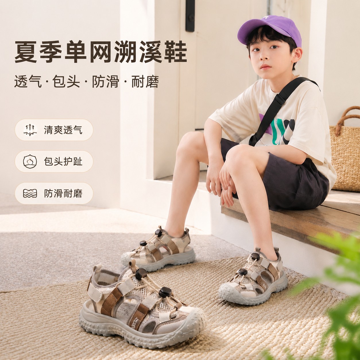 男童网布包头凉鞋儿童夏季低帮运动凉鞋紫棕色日常穿搭休闲学生