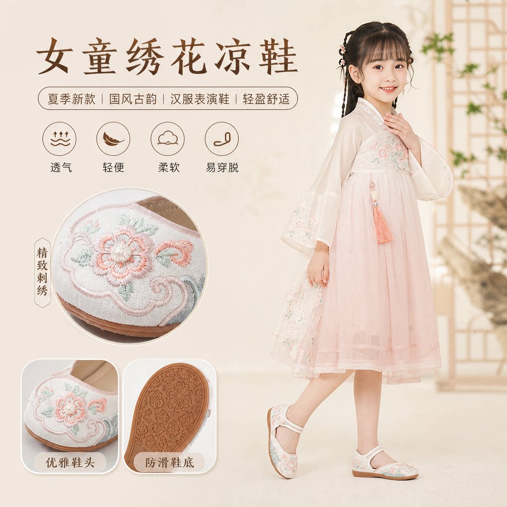 女童绣花凉鞋夏季新款古风中式皮鞋宝宝古装国风表演鞋儿童汉服鞋