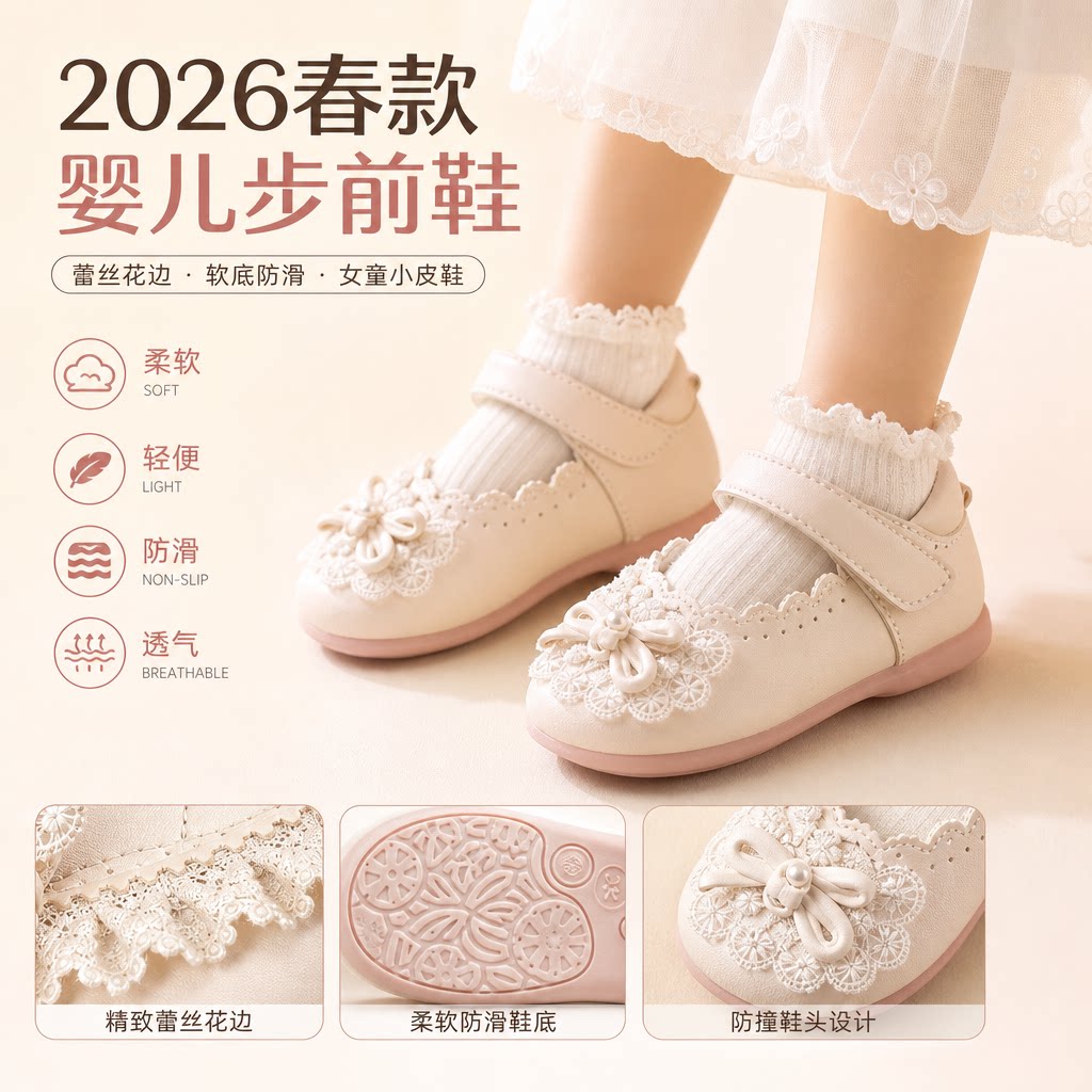 2026年春款新款婴儿步前鞋蕾丝花边小皮鞋女童软底宝宝鞋防滑单鞋