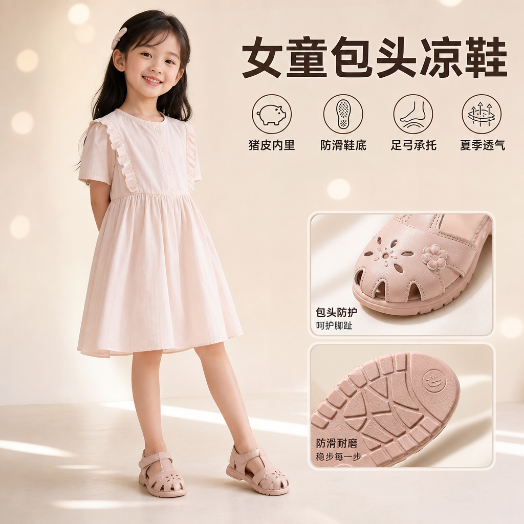 外贸出口俄罗斯包头女童凉鞋夏季猪皮内里防滑足弓儿童凉鞋夏季