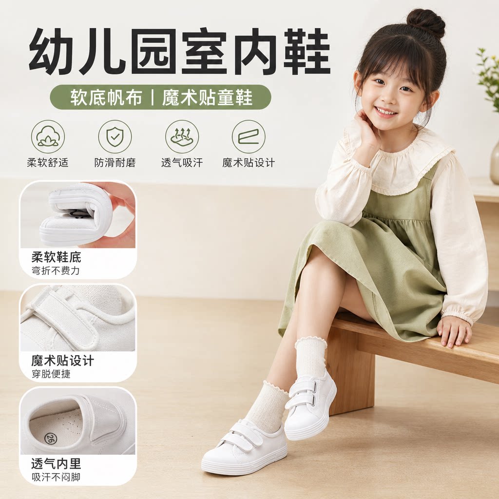 幼儿园室内鞋宝宝软底帆布鞋春女童小白鞋男童鞋子儿童小童魔术贴