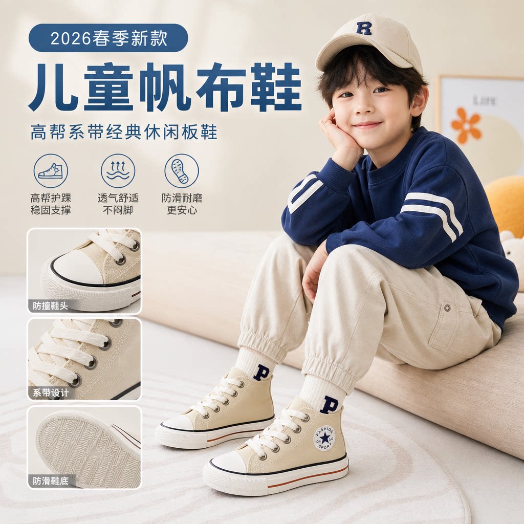 童鞋2026春季新款儿童帆布鞋男女童鞋子韩版高帮系带经典休闲板鞋