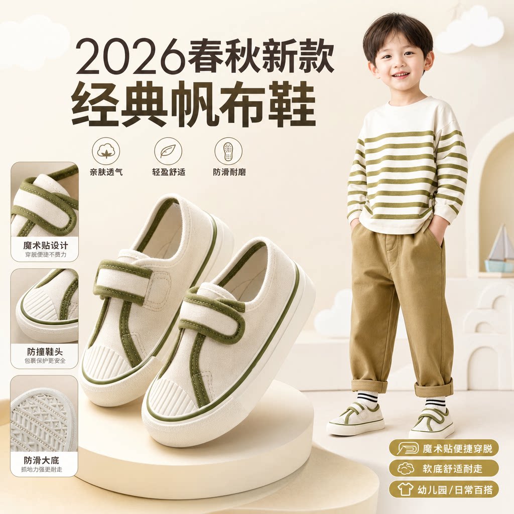 2026春秋季新款男童经典帆布鞋儿童板鞋魔术贴幼儿园女宝宝鞋韩版