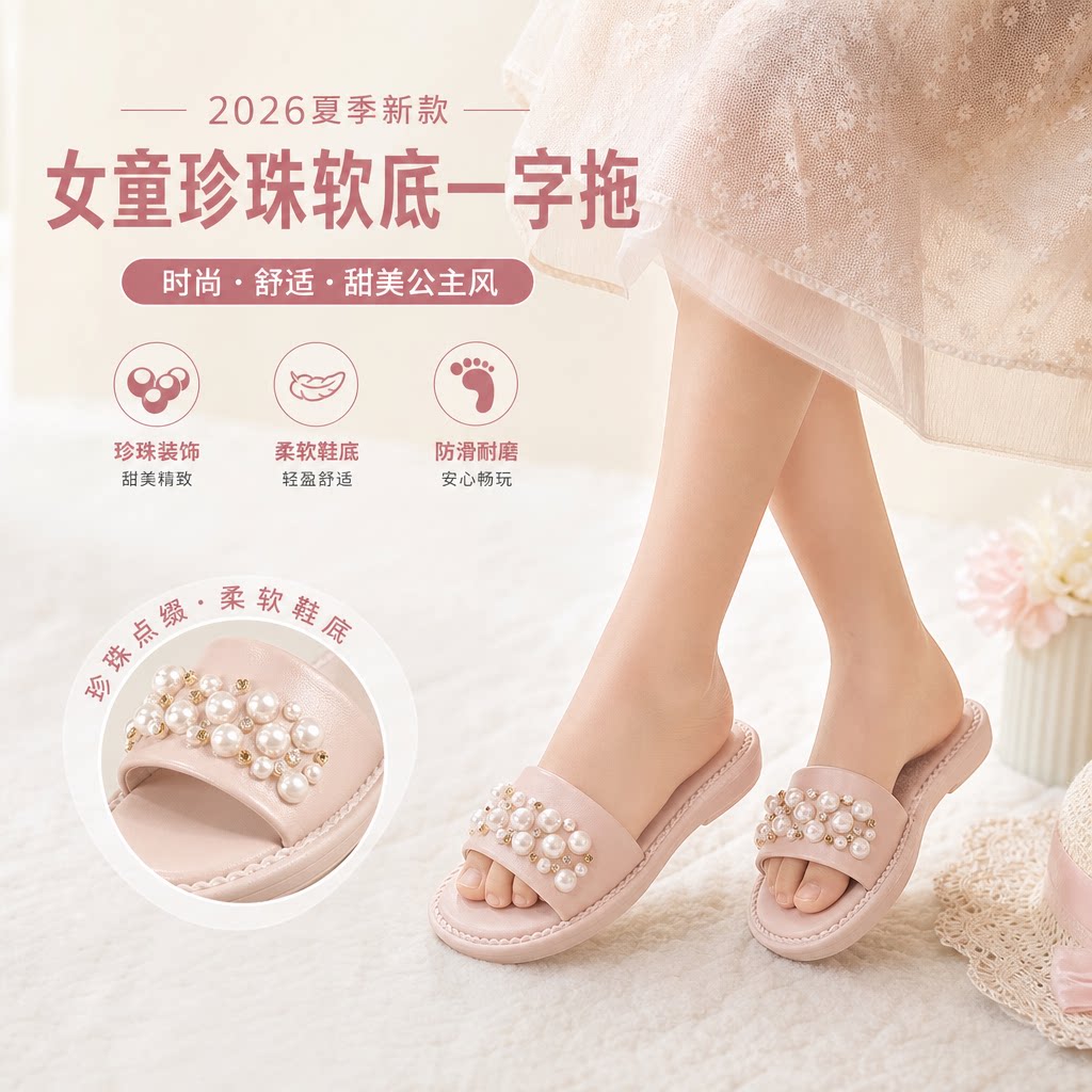 2026夏季新款女童拖鞋 时尚宝宝一字拖休闲软底珍珠童鞋