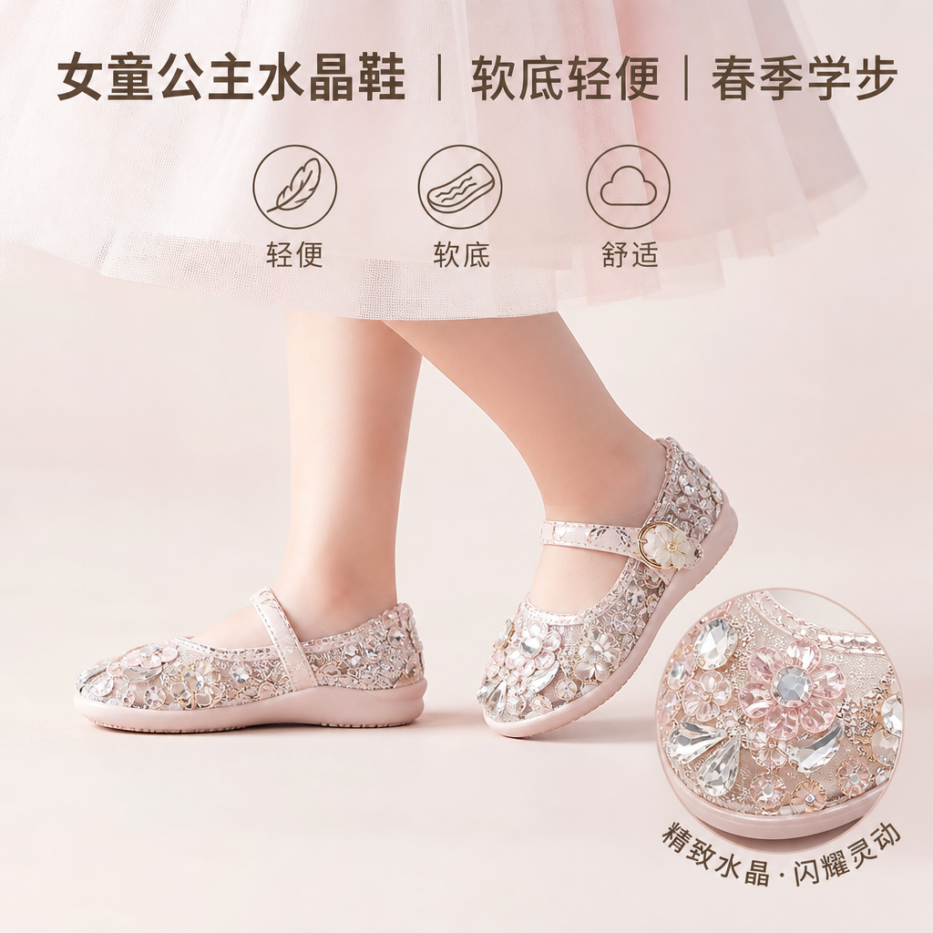 皮鞋女童洋气公主水晶鞋软底小女孩儿童鞋子2026春款女宝宝学步鞋