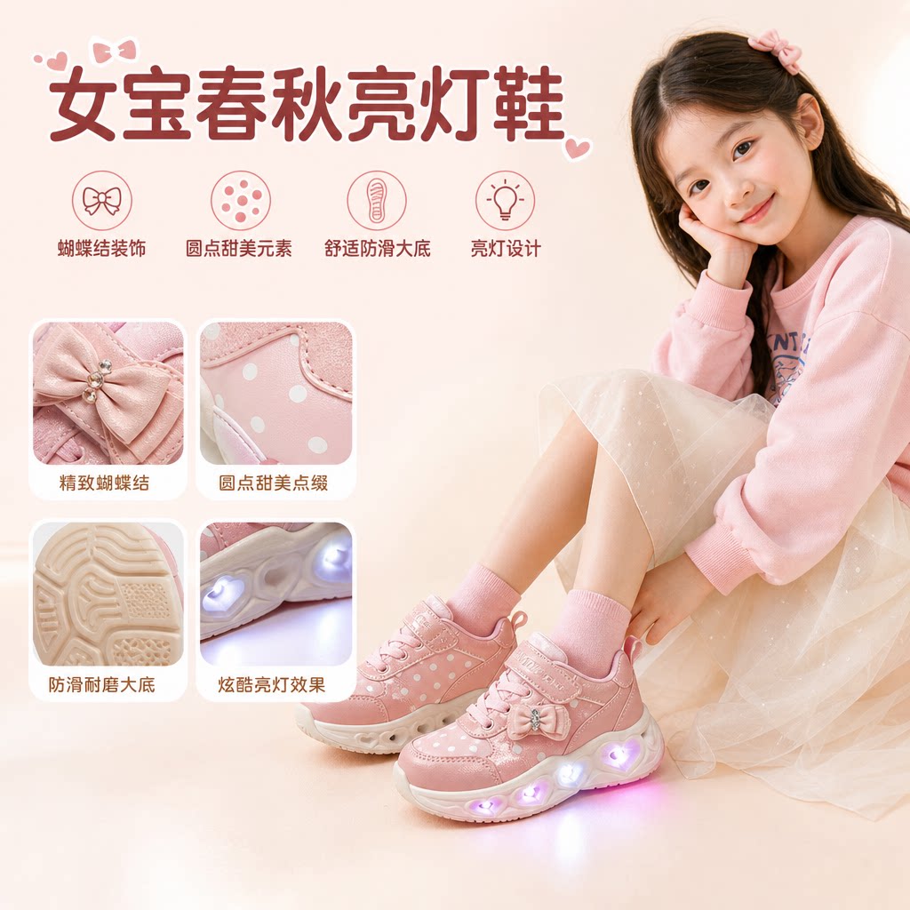 小中童亮灯鞋女宝春秋款儿童运动鞋女童蝴蝶结圆点板鞋宝宝亮灯鞋