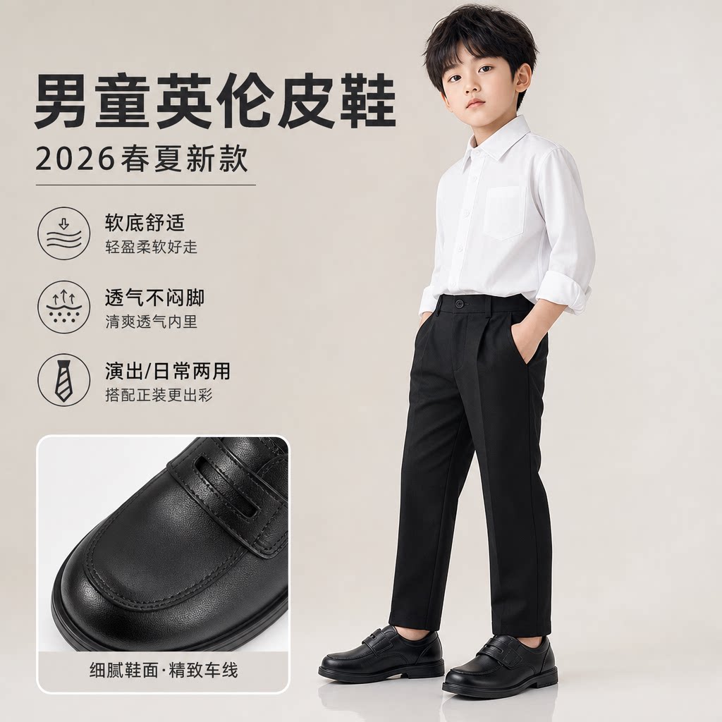 男童皮鞋2026春夏新款小学生黑色英伦风男孩演出鞋中大儿童软底鞋