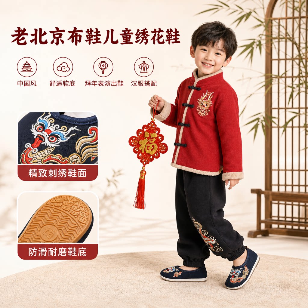 老北京布鞋儿童绣花鞋男童汉服鞋子靴子中国风古装拜年表演出鞋