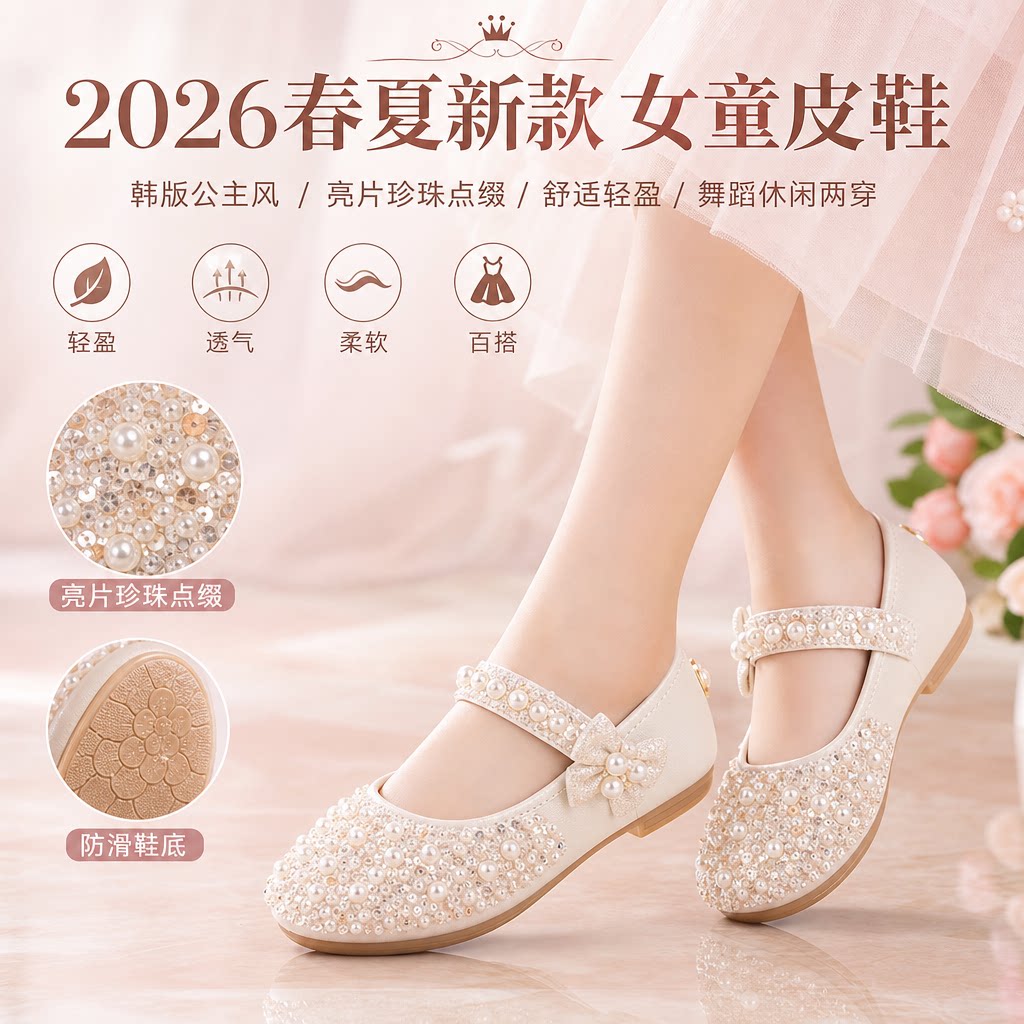 2026春夏新款女童皮鞋韩版宝宝公主鞋儿童休闲鞋亮片鞋珍珠舞蹈鞋