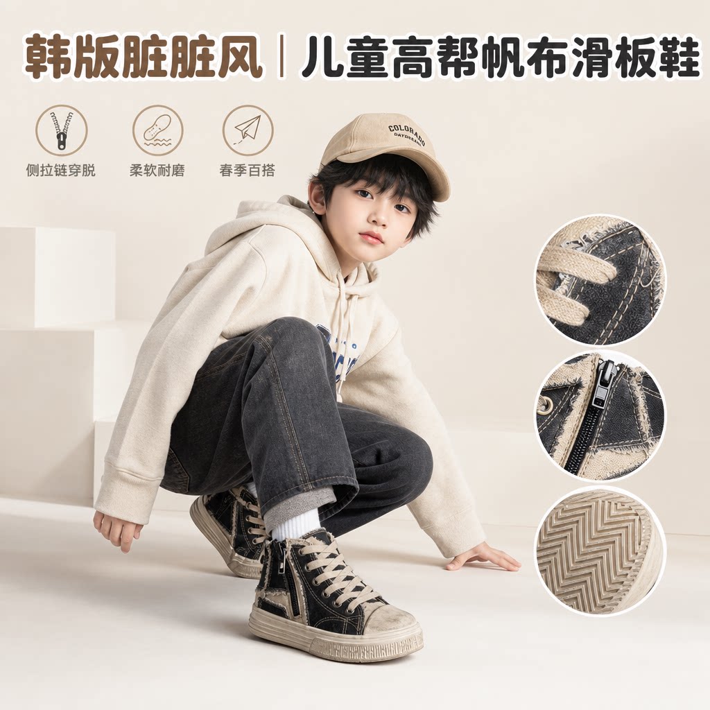 XSHX『酷玩小子』韩版脏脏儿童帆布滑板鞋春高帮侧拉链【温州鞋】