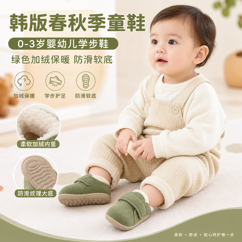 韩版春秋季童鞋 0-3岁婴幼儿学步鞋 绿色加绒保暖童鞋 防滑软底婴