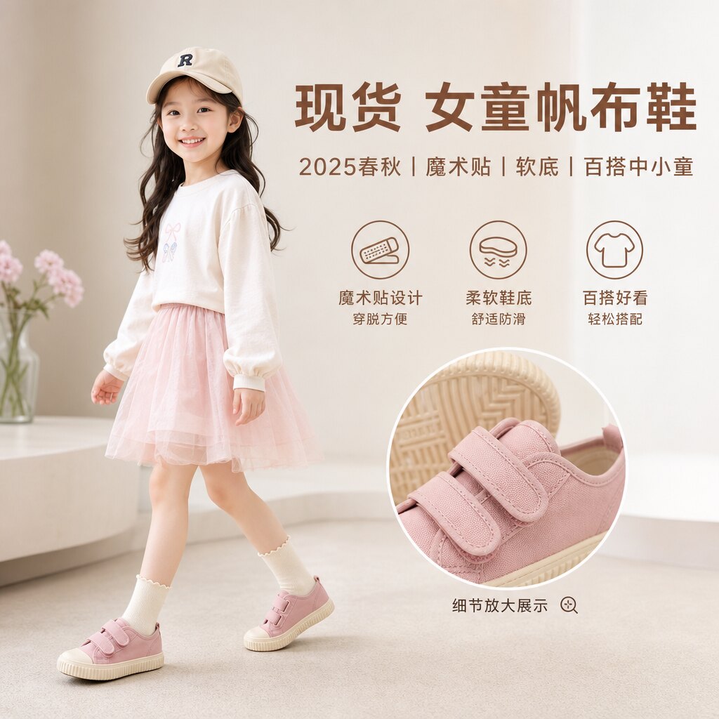 【现货】女童帆布鞋2025春秋魔术贴软底休闲鞋百搭中小童男童单鞋