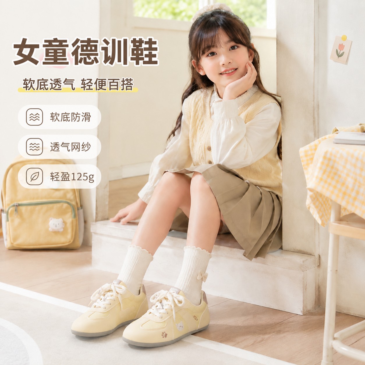 女童德训鞋低帮运动板鞋软底透气网纱休闲鞋日常穿搭学生