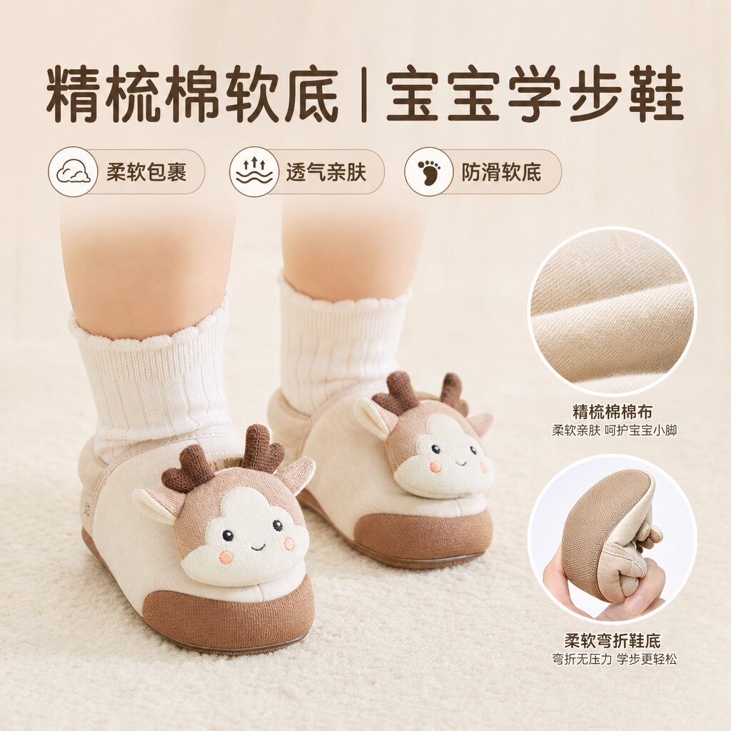 宝宝学步鞋新款精梳棉棉布软底步前鞋 卡通公仔婴儿鞋