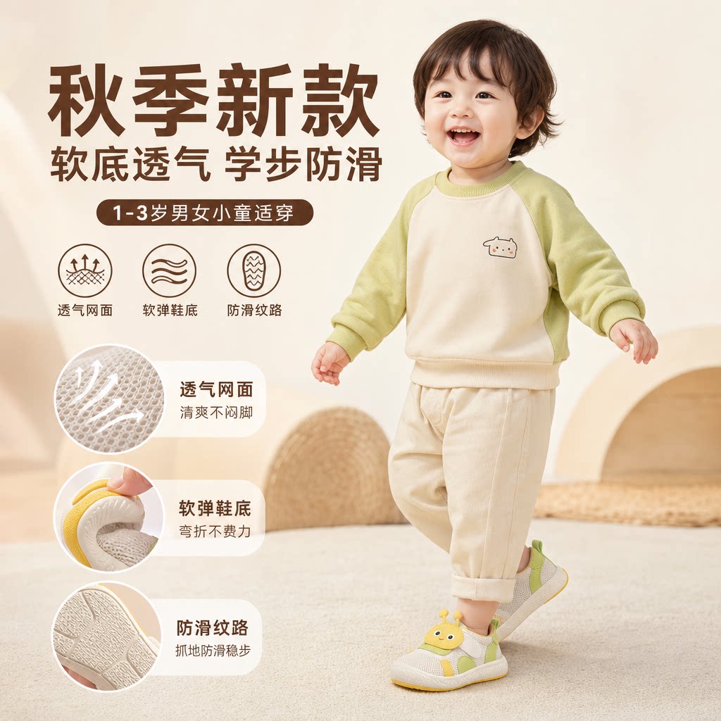 宝宝鞋子秋季新款软底网布透气毛毛虫鞋1--3岁男女小童防滑学步鞋
