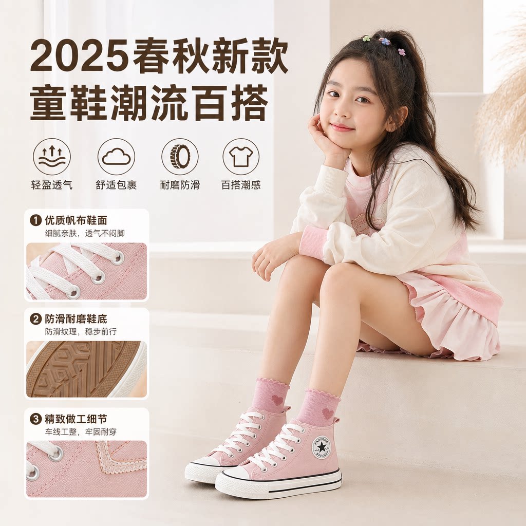儿童帆布鞋女童高帮板鞋2025春秋新款男童秋季新款中大童布鞋子潮