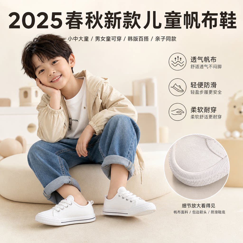 2025春秋新款儿童帆布鞋小中大童板鞋男女童韩版宝宝亲子鞋小白鞋