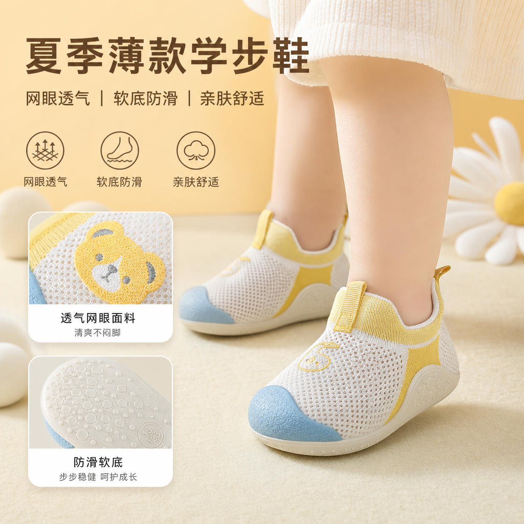 宝宝学步鞋夏季薄款新生婴儿室内防滑网眼纯棉隔凉软底儿童鞋袜子