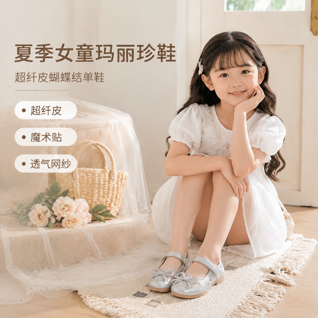 女童夏季超纤皮蝴蝶结玛丽珍鞋浅口魔术贴网纱休闲单鞋日常穿搭学