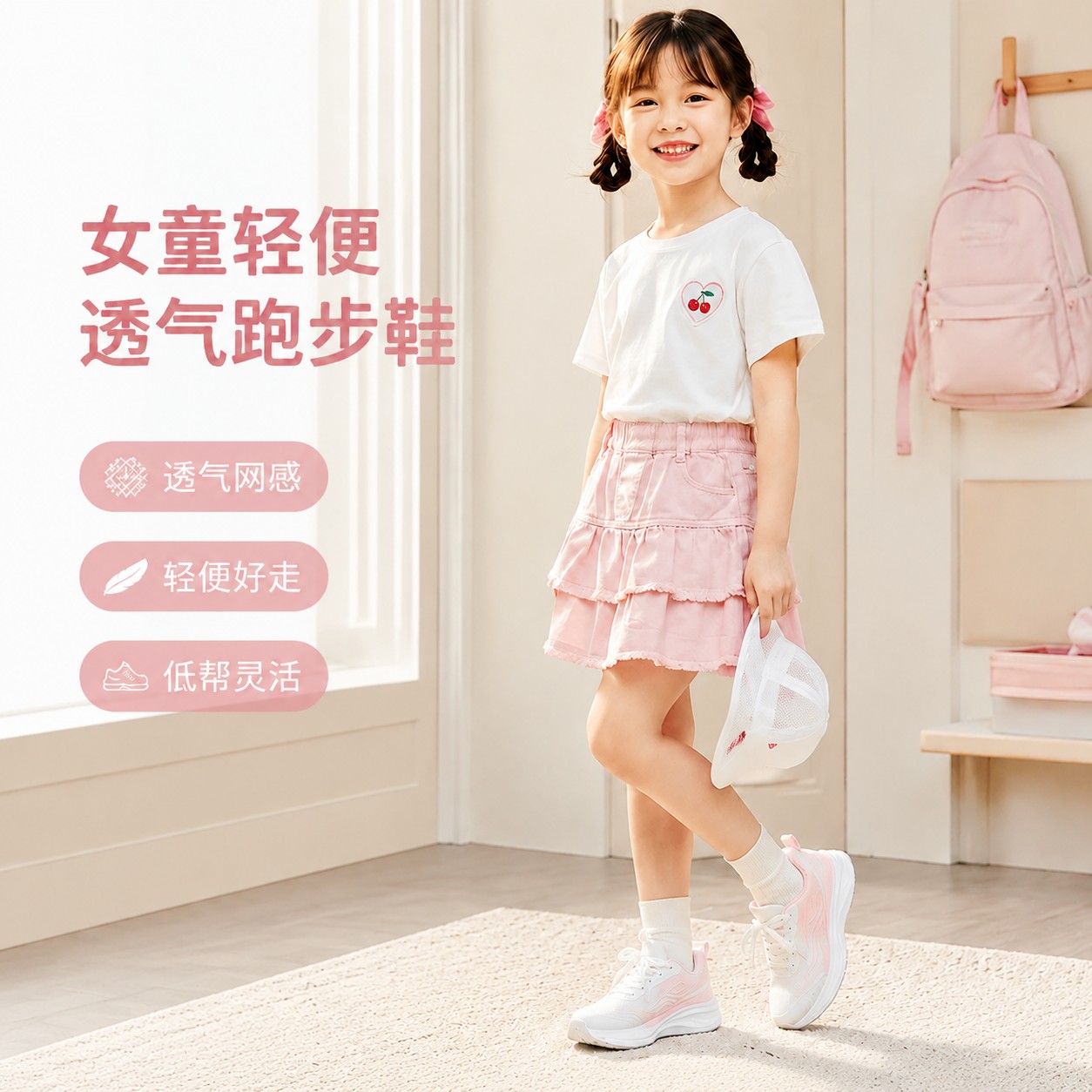 女童低帮人造革运动鞋夏季透气系带学生跑步鞋粉色蓝色日常穿搭休