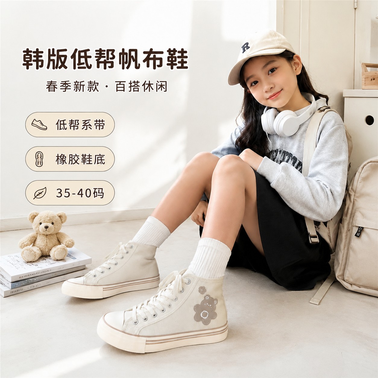 韩版女童低帮系带纯色帆布板鞋圆头橡胶底学生百搭休闲鞋黑色米色