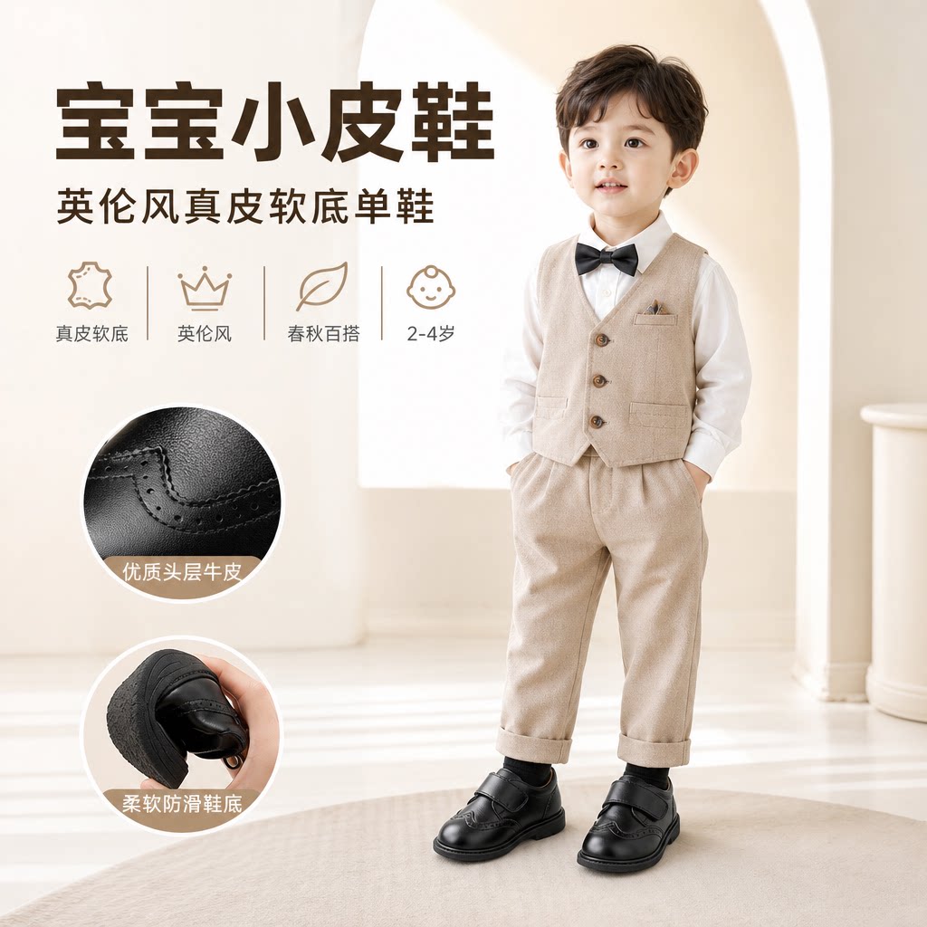 宝宝小皮鞋春秋男孩真皮黑色英伦风学生2-4岁婴儿软底儿童演出鞋
