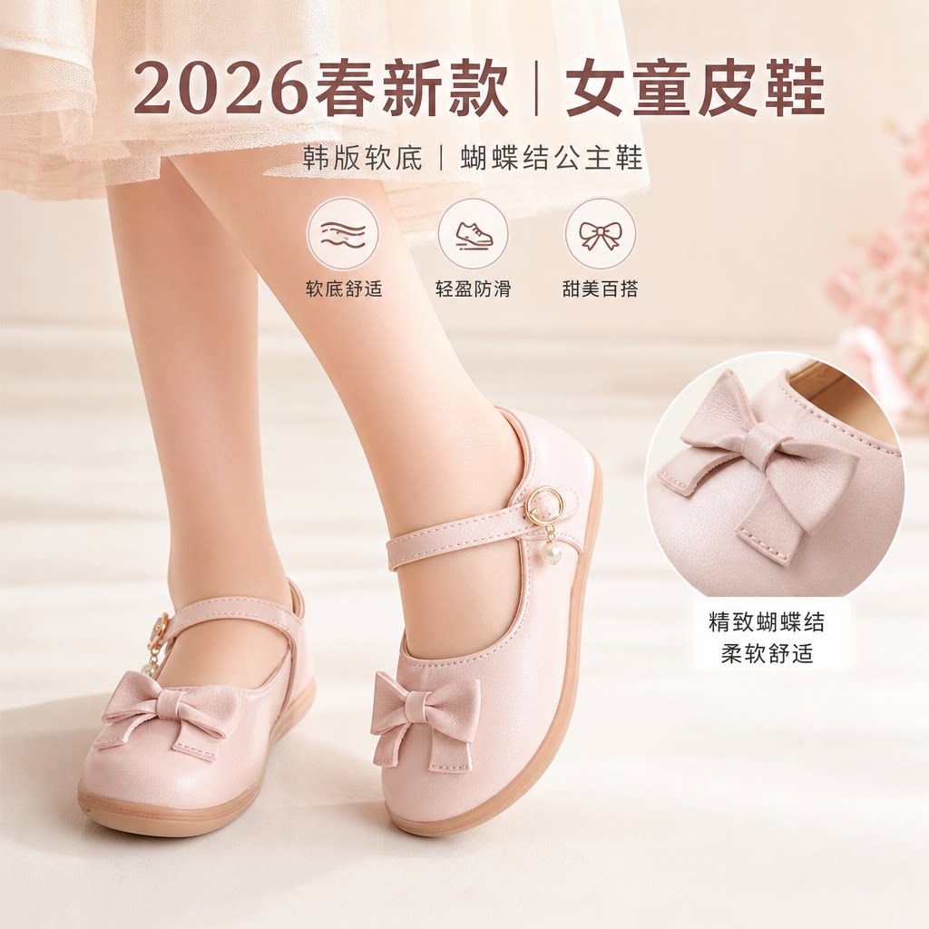 2026春新款女童皮鞋韩版软底洋气婴儿公主鞋儿童蝴蝶结宝宝学步鞋
