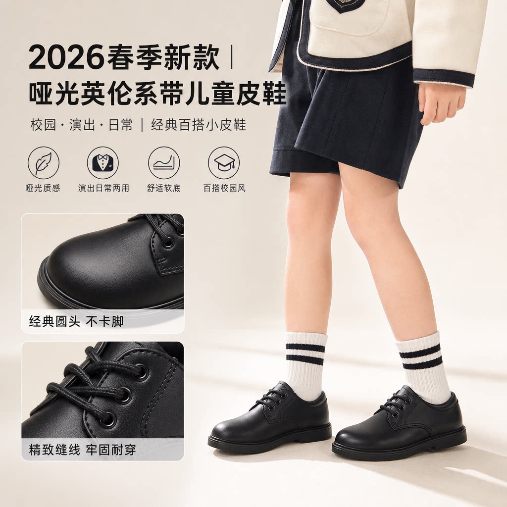 儿童皮鞋2026年春季新款哑光演出鞋英伦系带日常女童单鞋男童皮鞋