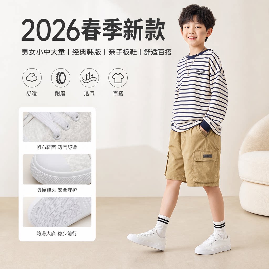 2026春季新款男女小中大童帆布鞋学生小白鞋经典儿童韩版亲子板鞋