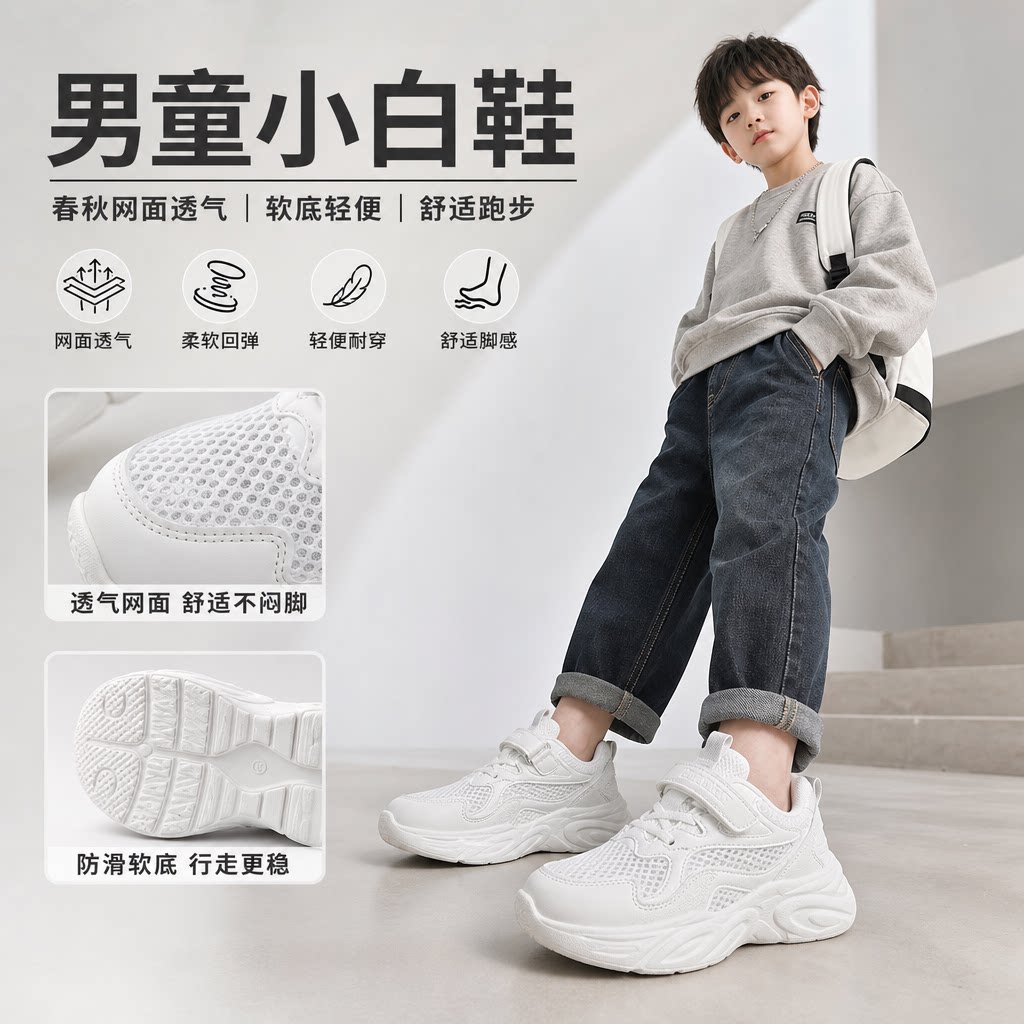 男童小白鞋新款春秋网面儿童鞋子男孩跑步老爹软底透气运动鞋