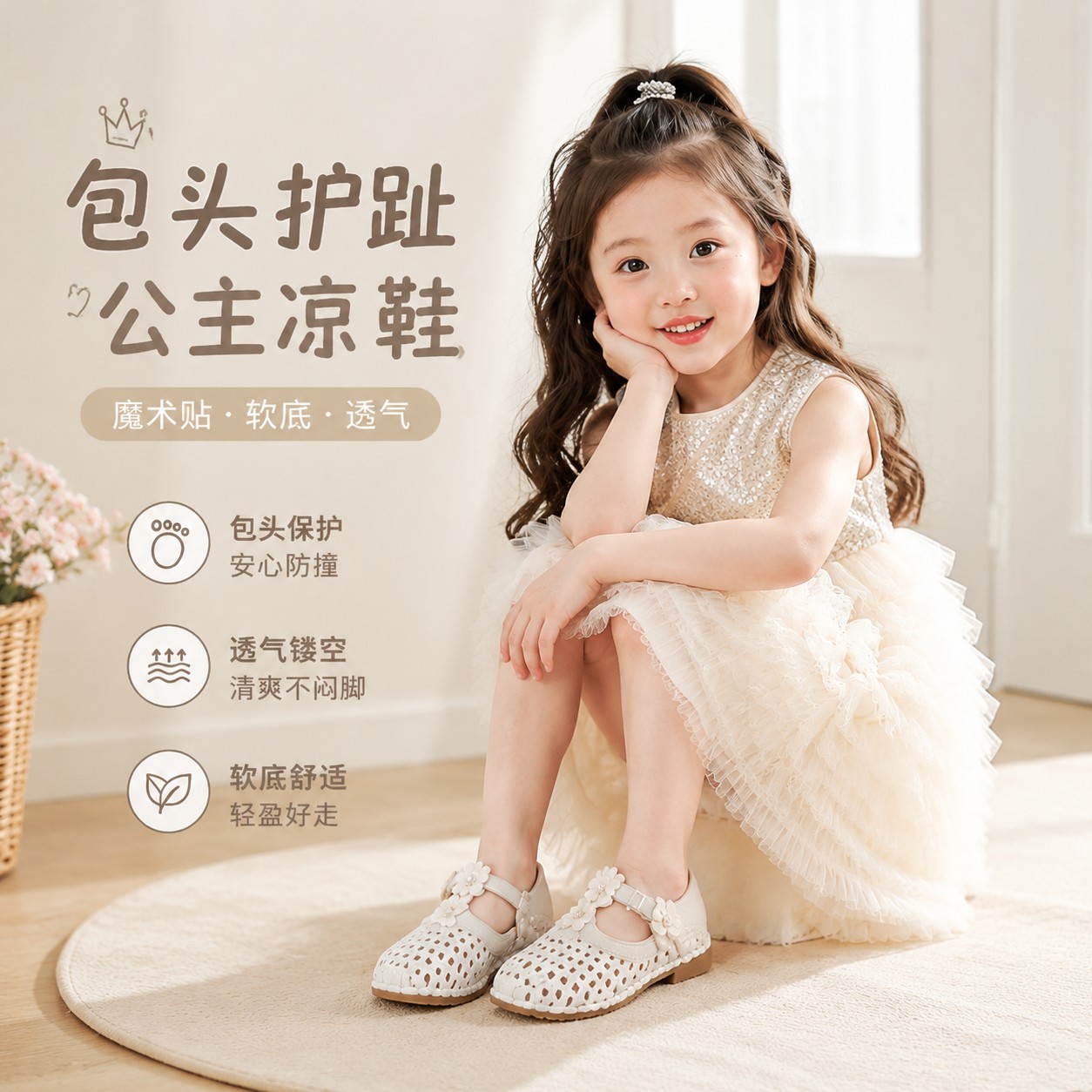 女童包头公主凉鞋夏季超纤皮魔术贴软底沙滩日常穿搭童鞋休闲学生