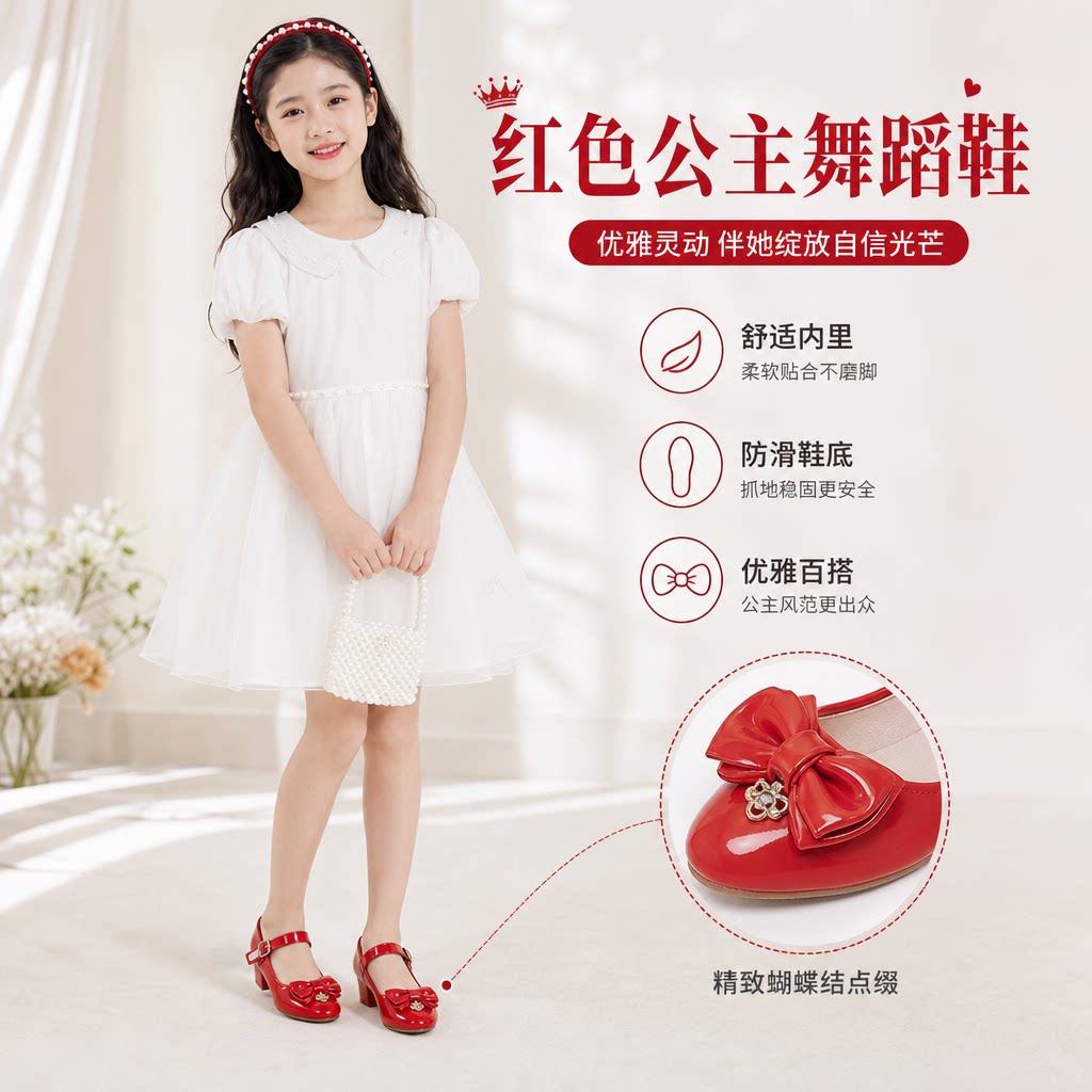 外贸女童高跟鞋公主鞋2024春秋款中大童红色学生表演舞蹈鞋小皮鞋