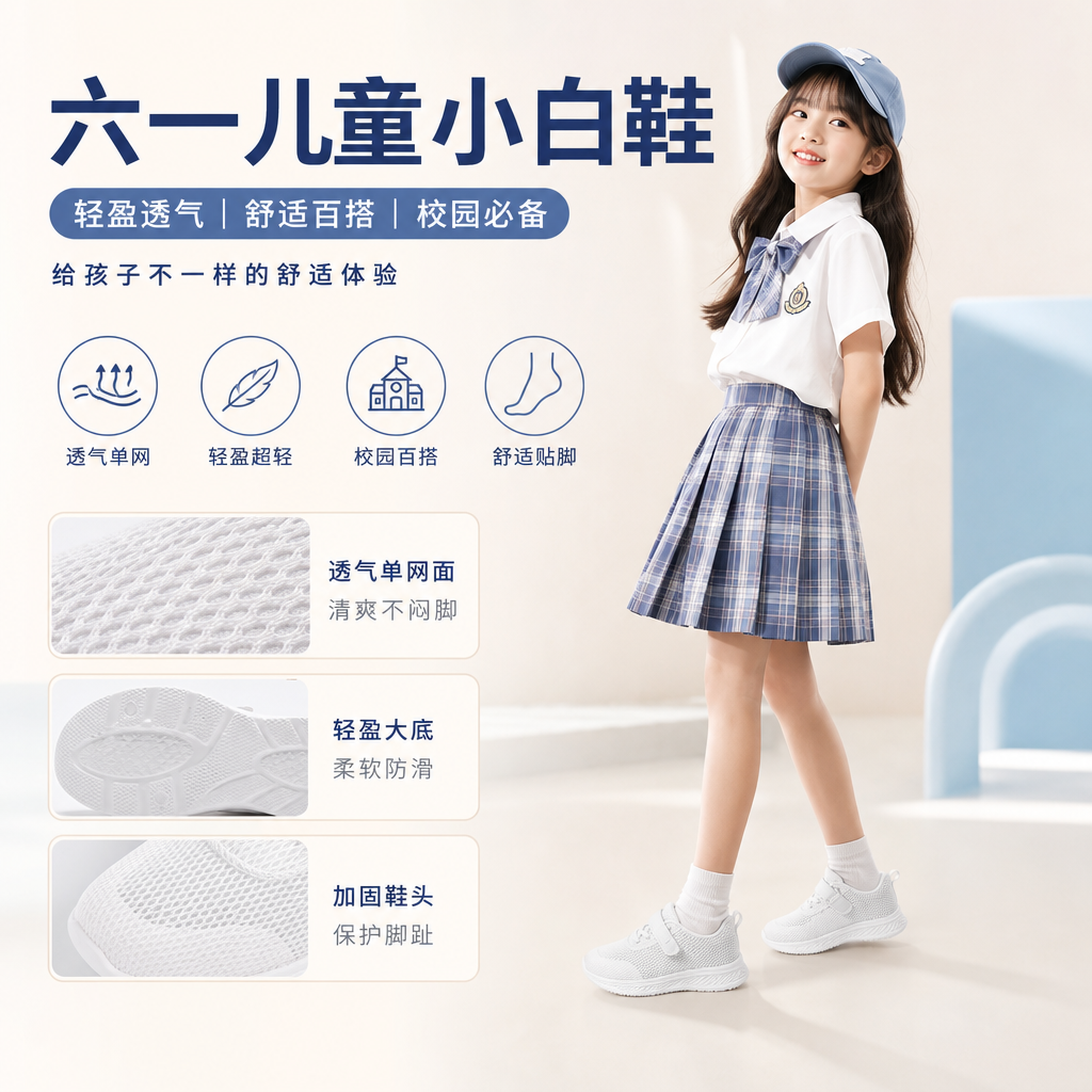 六一儿童小白鞋夏季女童透气单网鞋白色运动鞋校园超轻薄男童板鞋